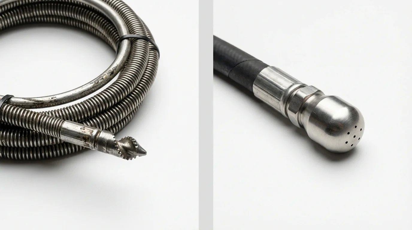 Drain snake cable and hydro jetting nozzle used for drain cleaning in Greenfield, IA