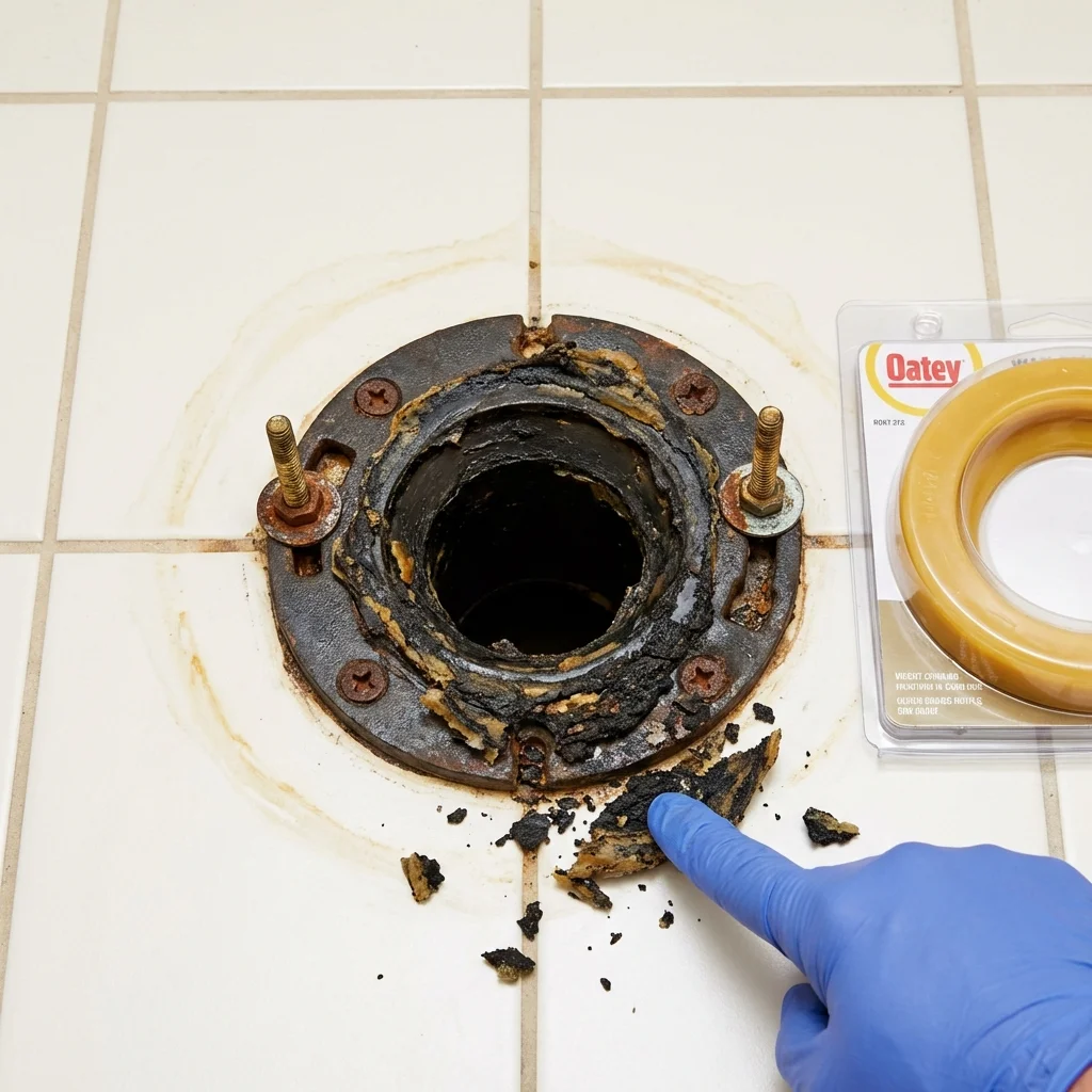 Failed wax ring showing water seepage at the base of a toilet in a Greenfield, IA home