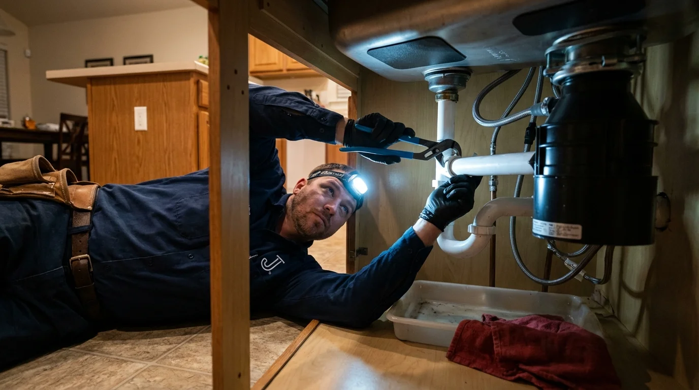 P-trap and supply line connections under a kitchen sink showing a common leak point in Greenfield, IA